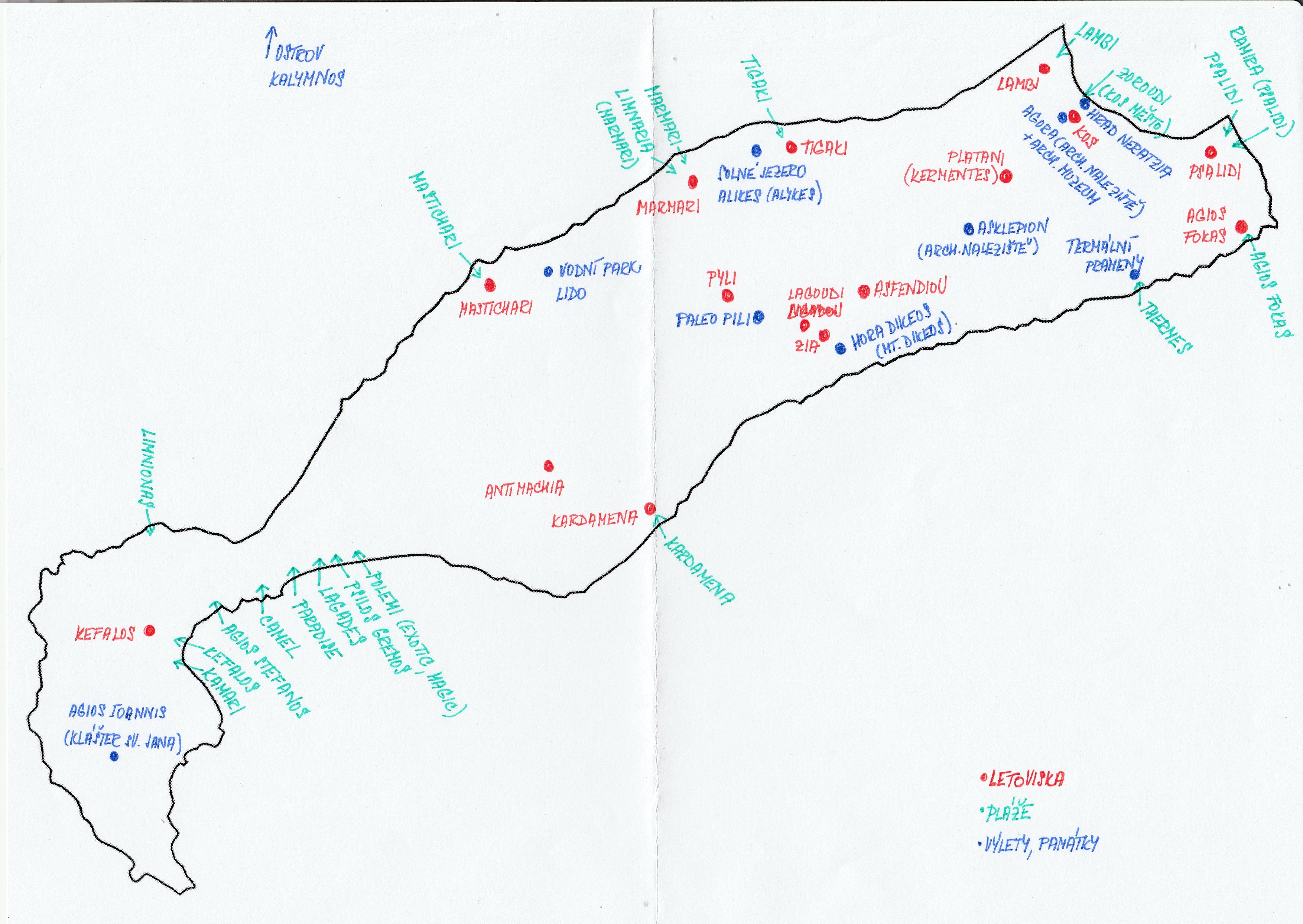 mapa kosu Kos mapa řeckého ostrova (letoviska, pláže, památky, výlety, hotely) mapa kosu